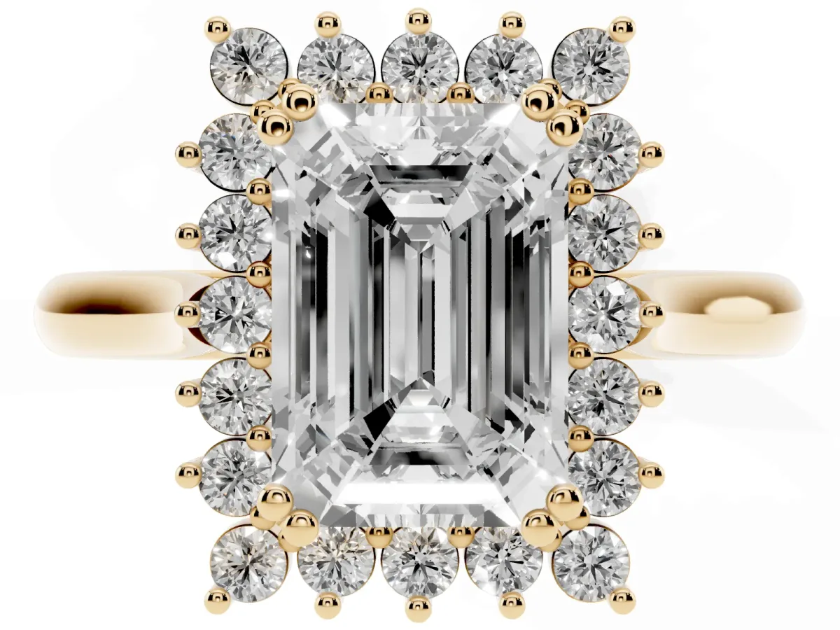 Emerald Cut Cut Diamond Halo Ring with Solitaire Band and Prong Setting Yellow gold