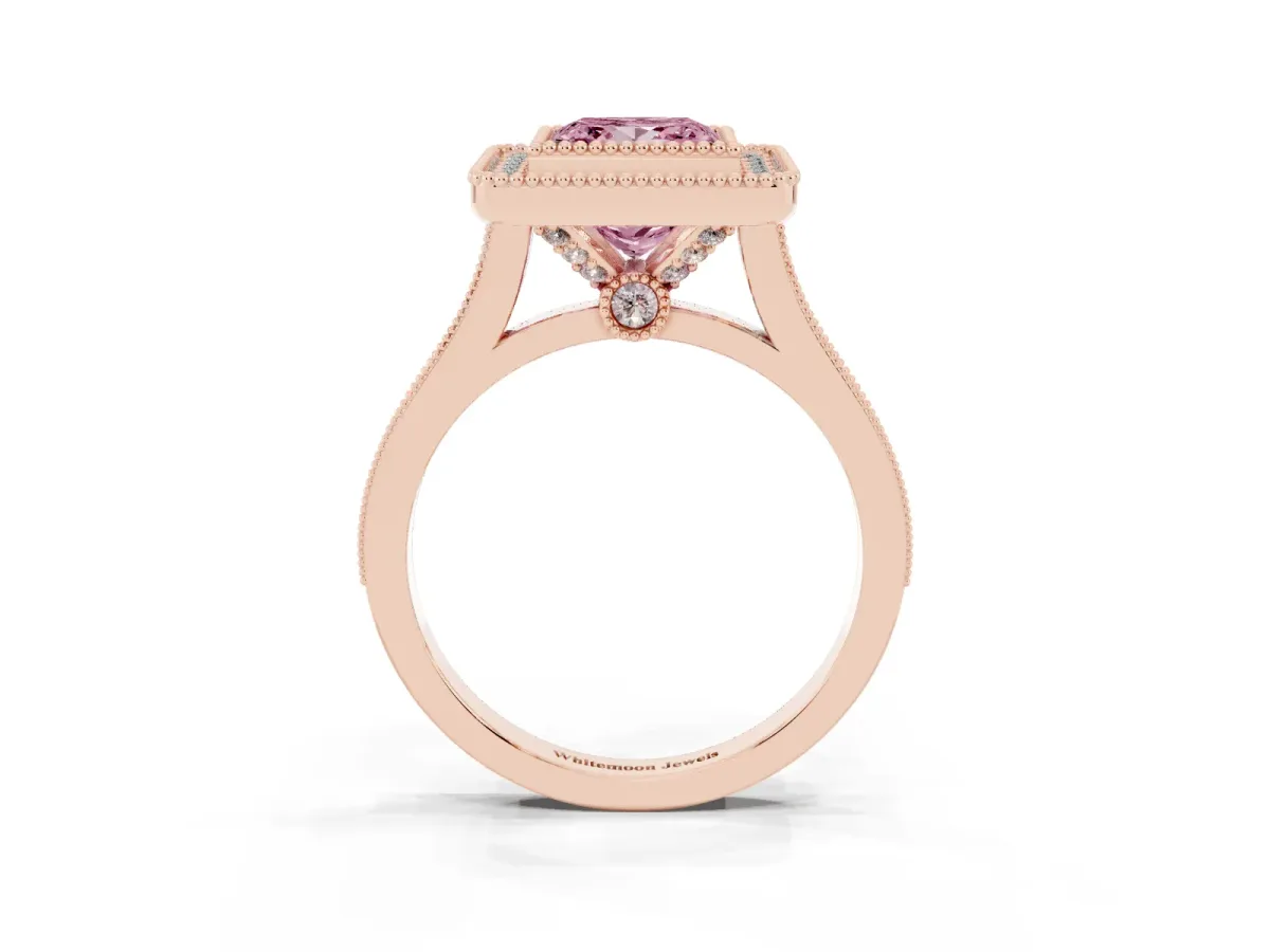 Fancy Pink Princess Cut Diamond Halo Ring with Milgrain Frame and Pavé Band Rose gold