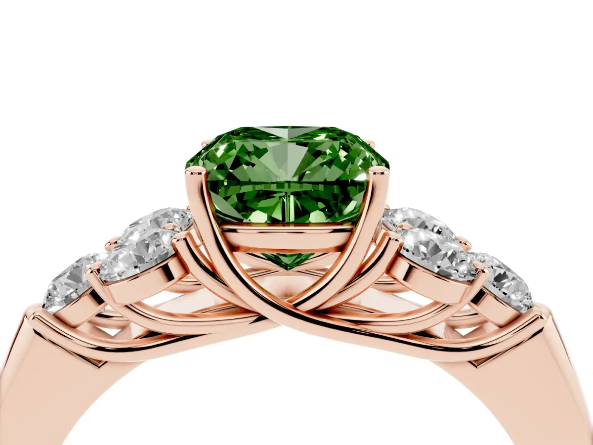 Fancy Green Cushion Cut Cut Diamond Cluster Ring with Round Accent Stones and Prong Setting on a Classic Band Rose gold