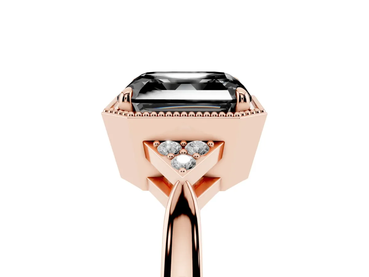 Fancy Black Hexagonal Halo Asscher Cut Diamond Solitaire with Pavé Band and Four-Prong Setting Rose gold