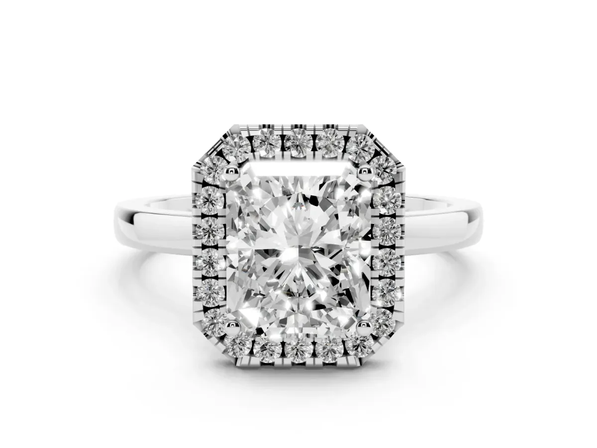 Radiant Cut Halo Diamond Solitaire with Pavé Band and Four-Prong Setting Silver