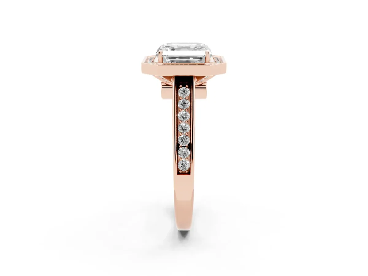 Asscher Cut Halo Solitaire Diamond Ring with Pave Band and Bezel Setting Rose gold