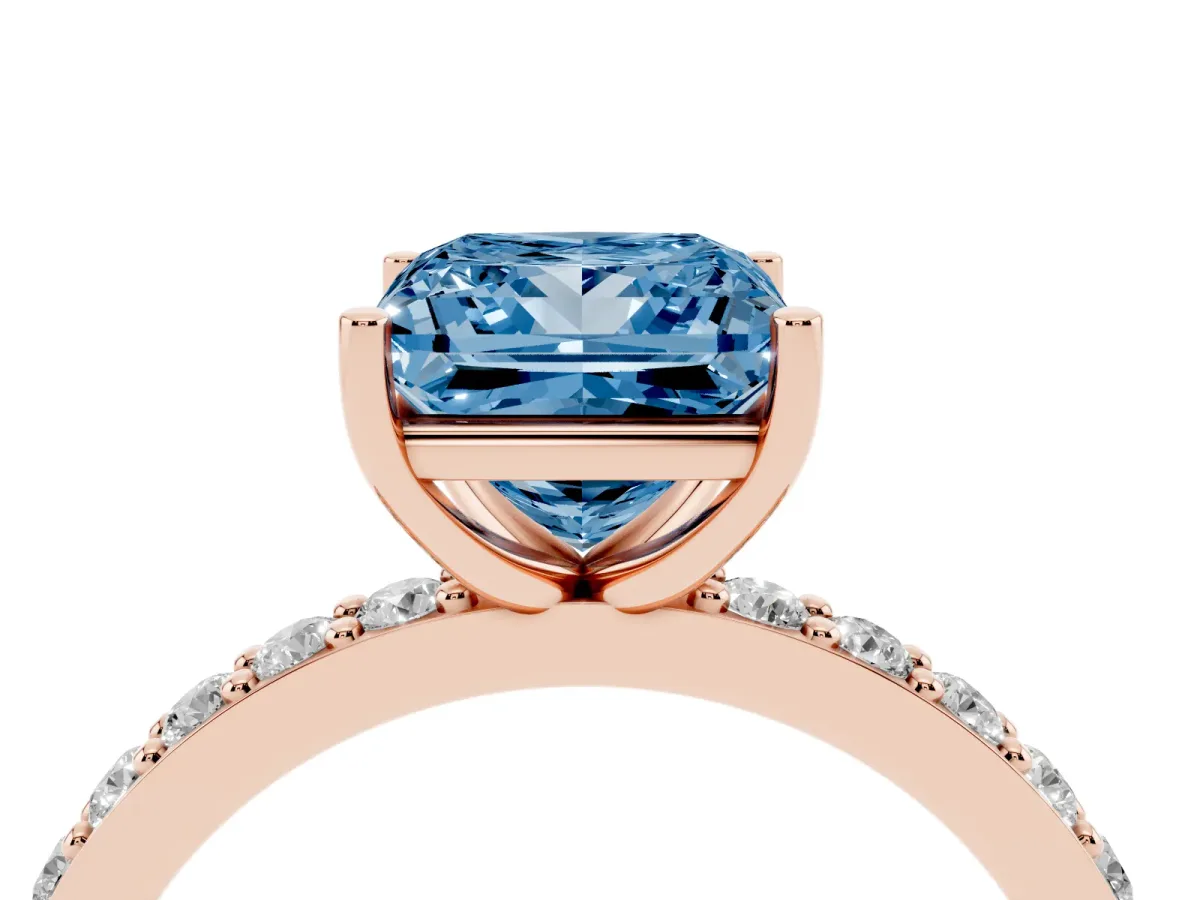 Fancy Blue Princess Cut Cut Diamond Solitaire with Pave Band and Four-Prong Setting Rose gold