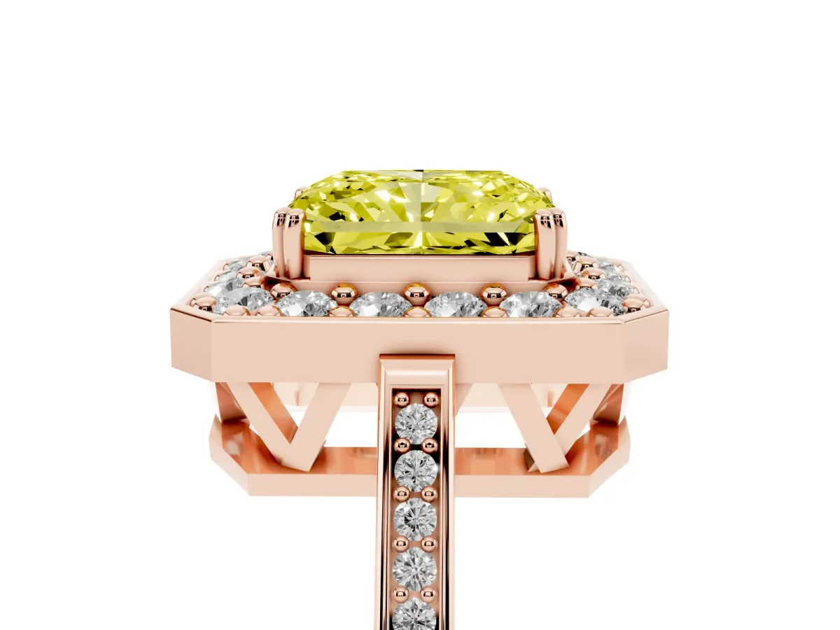 Fancy Yellow Radiant Cut Diamond Halo Ring with Split Shank and Four-Prong Setting Rose gold