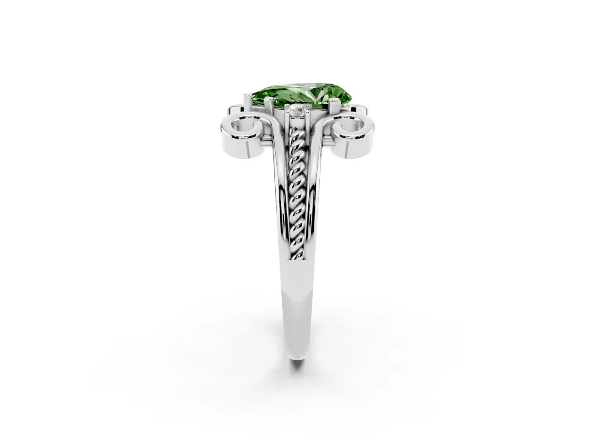 Fancy Green Pear Cut Solitaire Twisted Band Scroll Prong Ring Silver