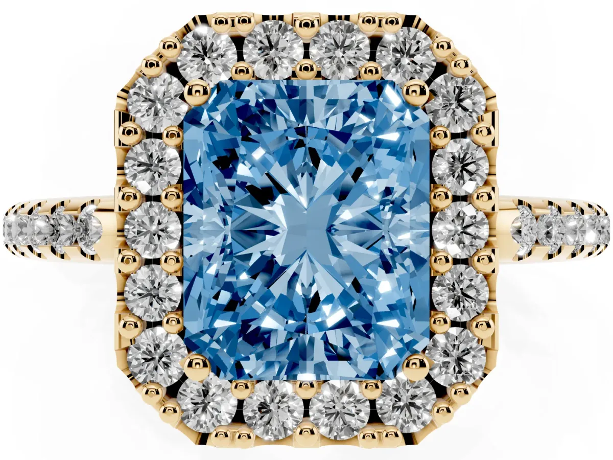 Fancy Blue Radiant Cut Diamond Pavé Halo Ring with Four-Prong Setting Yellow gold