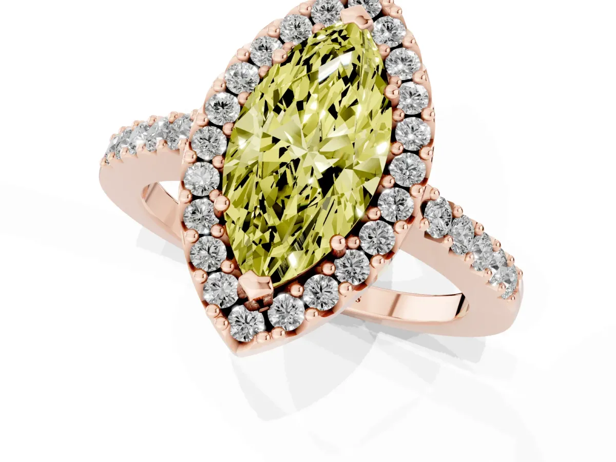 Fancy Yellow Marquise Cut Halo Diamond Pavé Solitaire Ring Rose gold