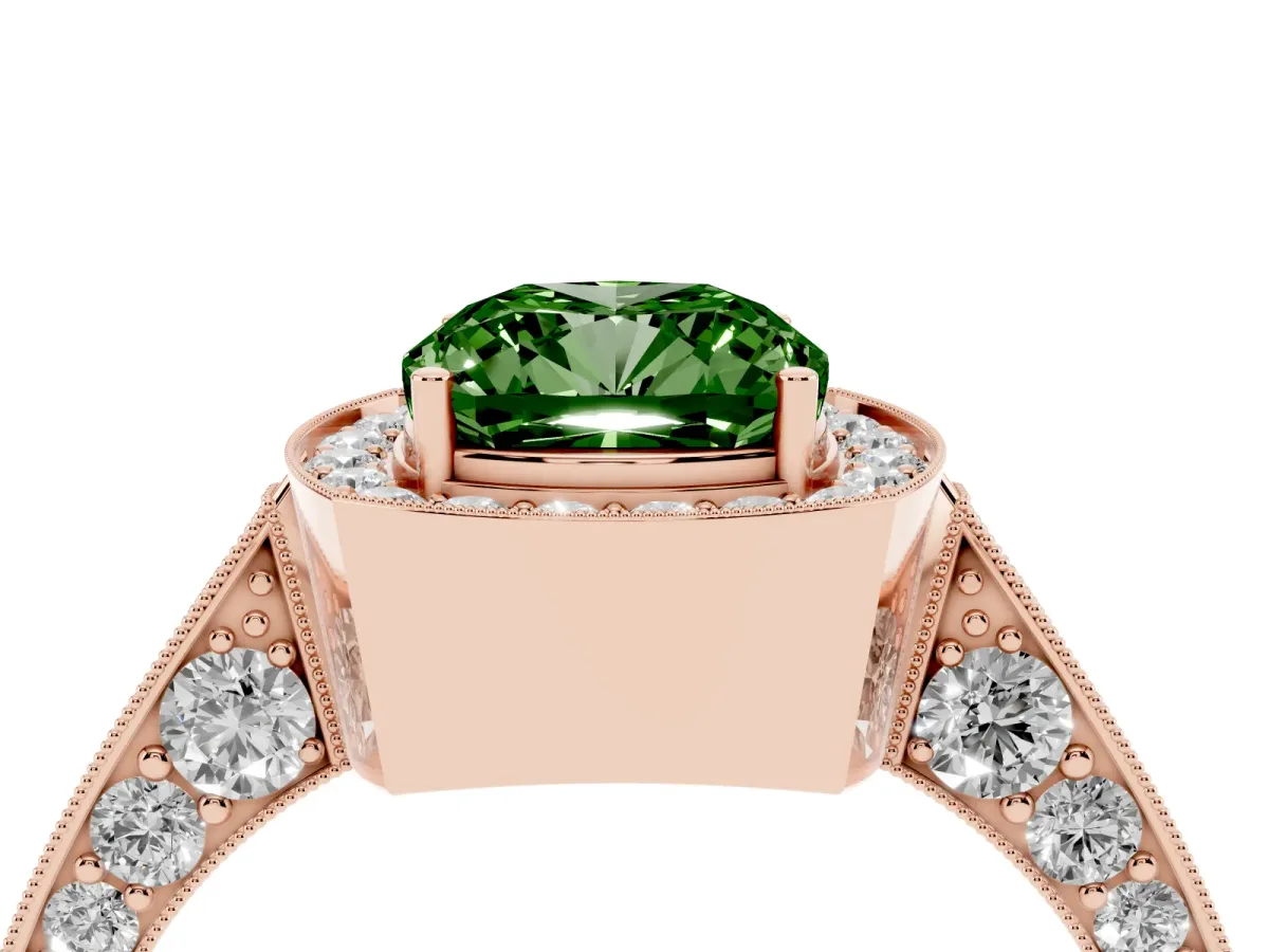 Fancy Green Cushion Cut Halo Diamond Engagement Ring with Split Shank Band and Four-Prong Setting Rose gold