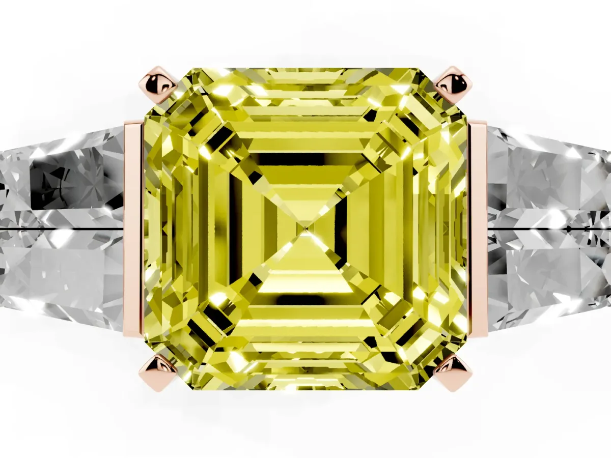 Fancy Yellow Asscher Cut Diamond Engagement Ring with Baguette Side Stones and Channel Set Band Rose gold