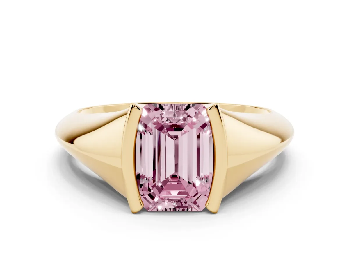 Fancy Pink Emerald Cut Solitaire Tension Set Diamond Ring Yellow gold