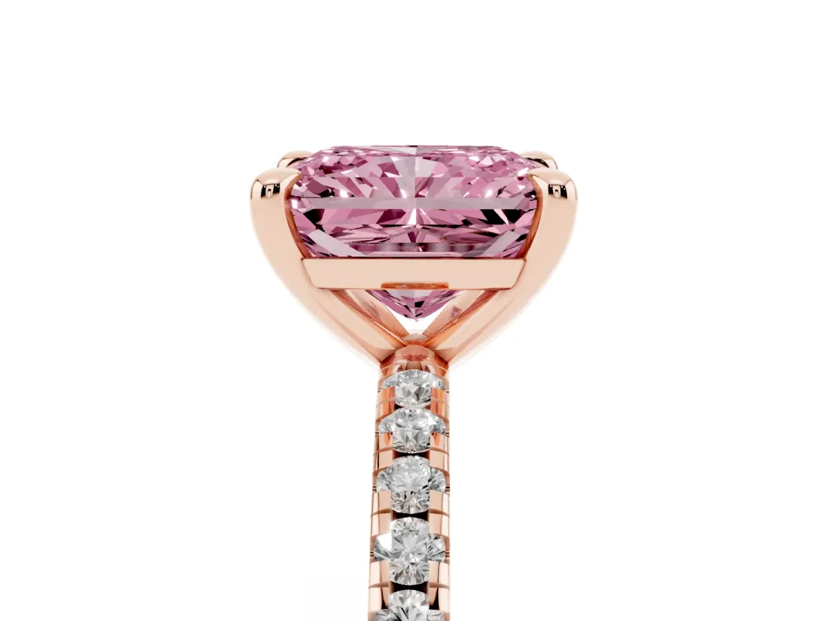 Fancy Pink Radiant Cut Diamond Brilliant Solitaire Ring with Pavé Band and Four-Prong Setting Rose gold