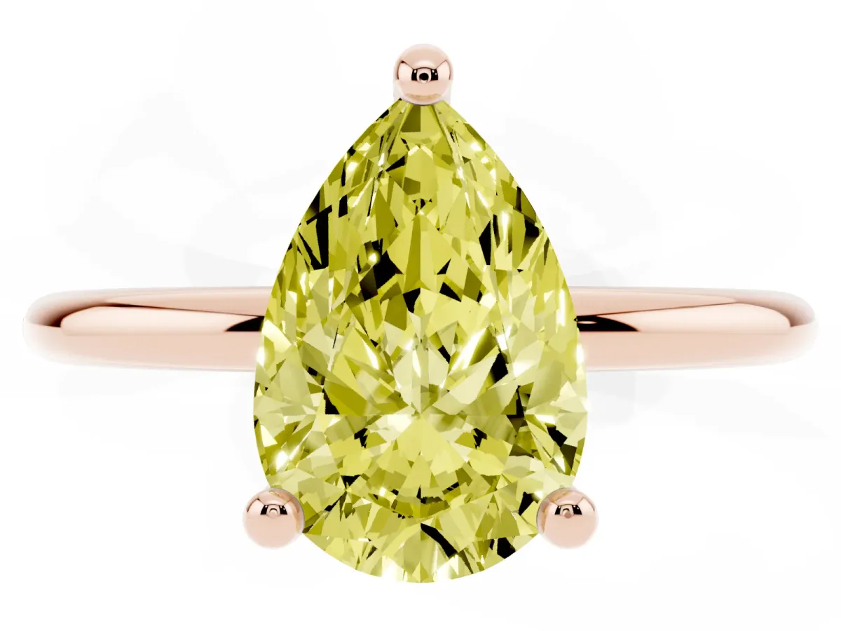 Fancy Yellow Pear Cut Solitaire Diamond Ring with 4-Prong Setting on a Classic Band Rose gold