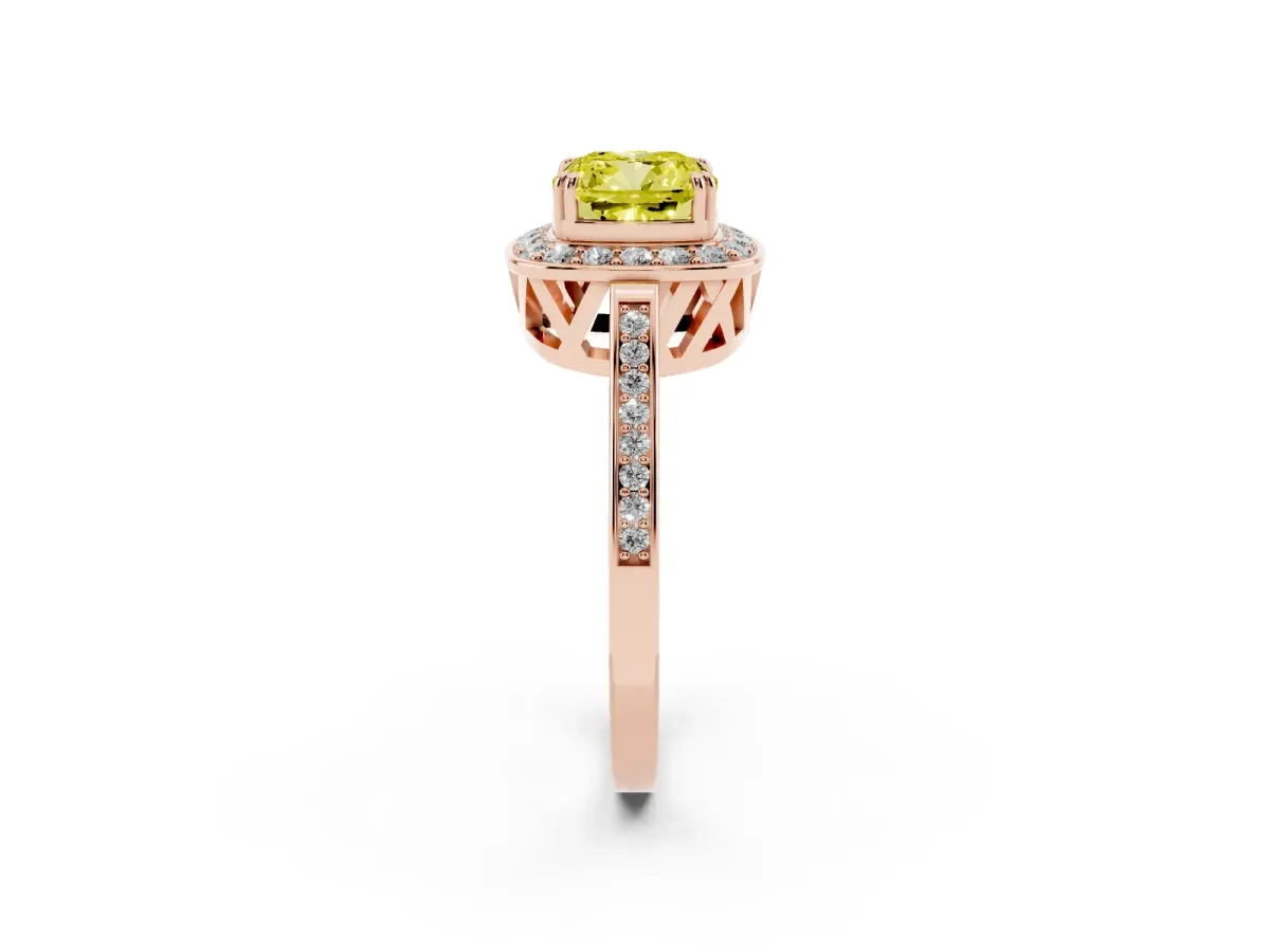 Fancy Yellow Cushion Cut Diamond Halo Ring with Split Shank and Four-Prong Setting Rose gold