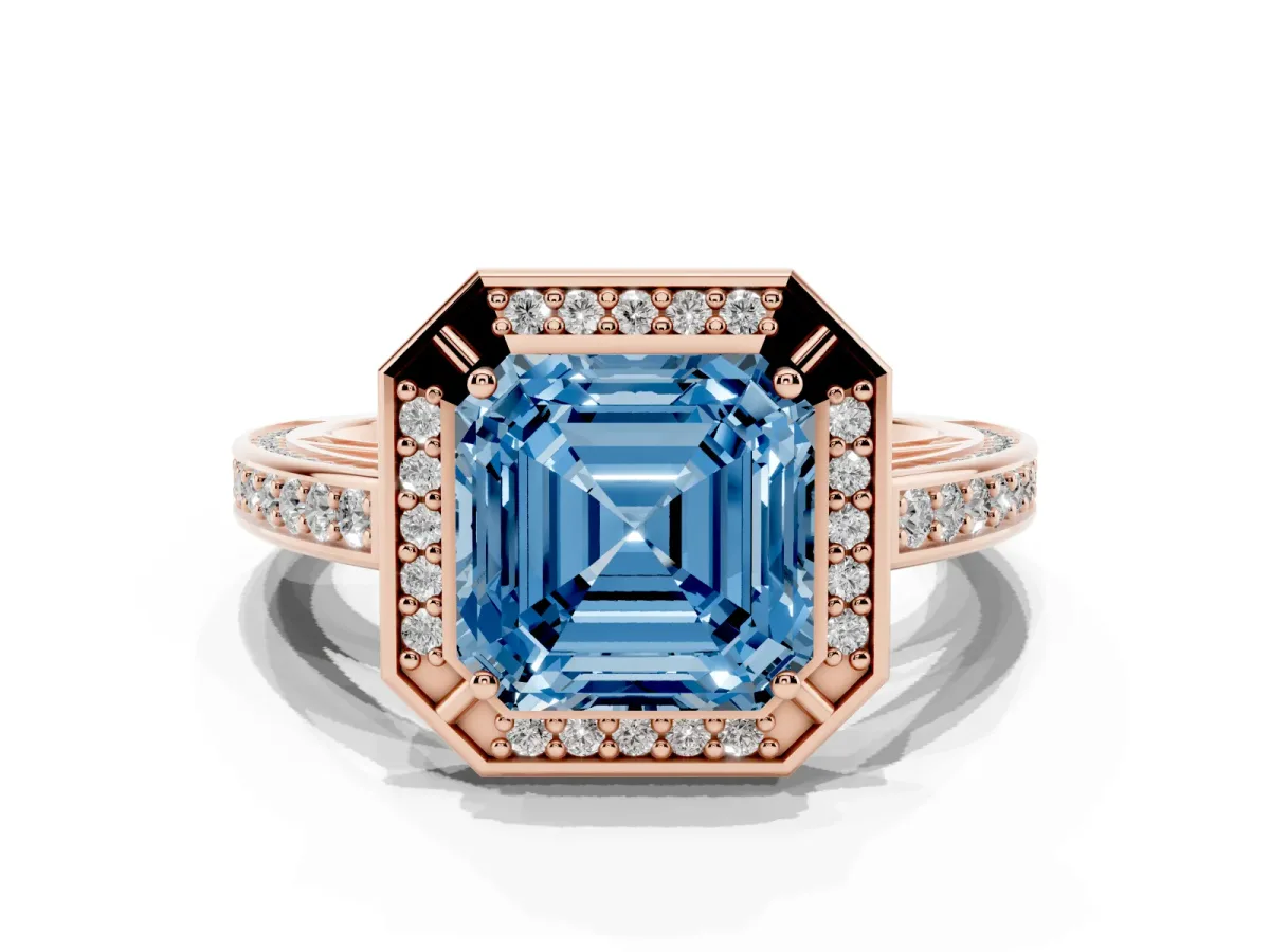 Fancy Blue Asscher Cut Cut Halo Pave Split Shank Prong Setting Ring Rose gold
