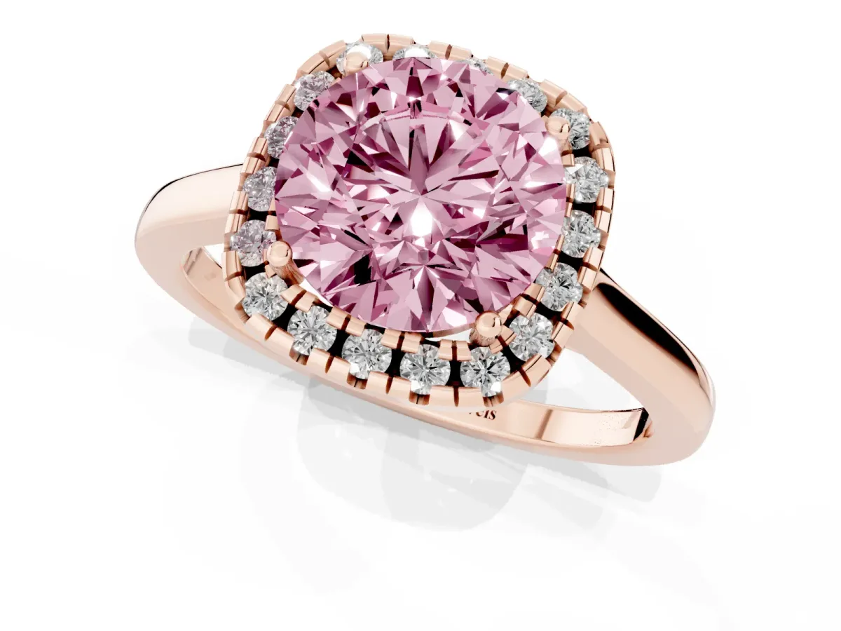 Fancy Pink Round Cut Halo Round Diamond Solitaire Ring with Pavé Band and Four-Prong Setting Rose gold