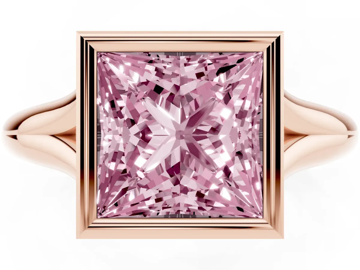 Fancy Pink Bezel Set Princess Cut Solitaire Diamond Ring with Smooth Band Rose gold