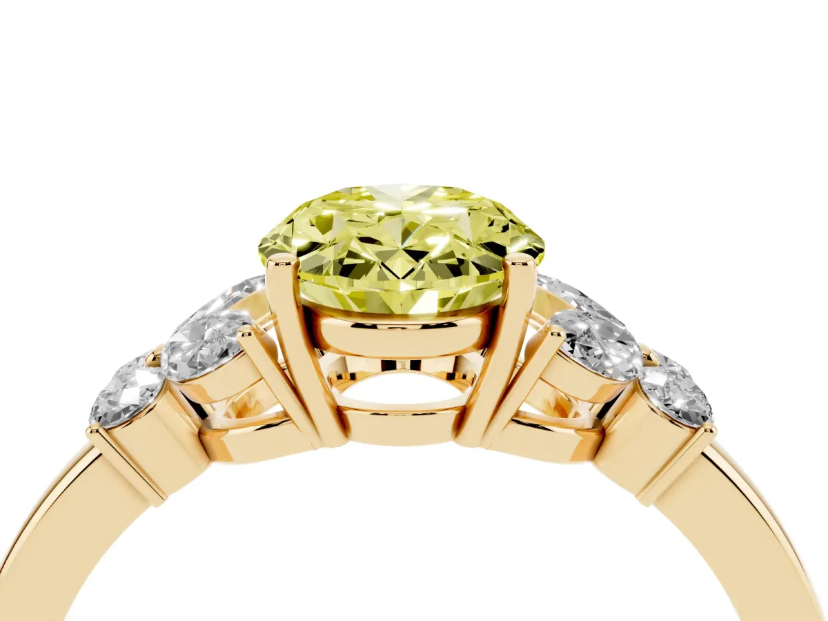 Fancy Yellow Oval Cut Cut Solitaire Floral Diamond Ring with Four-Prong Setting Yellow gold
