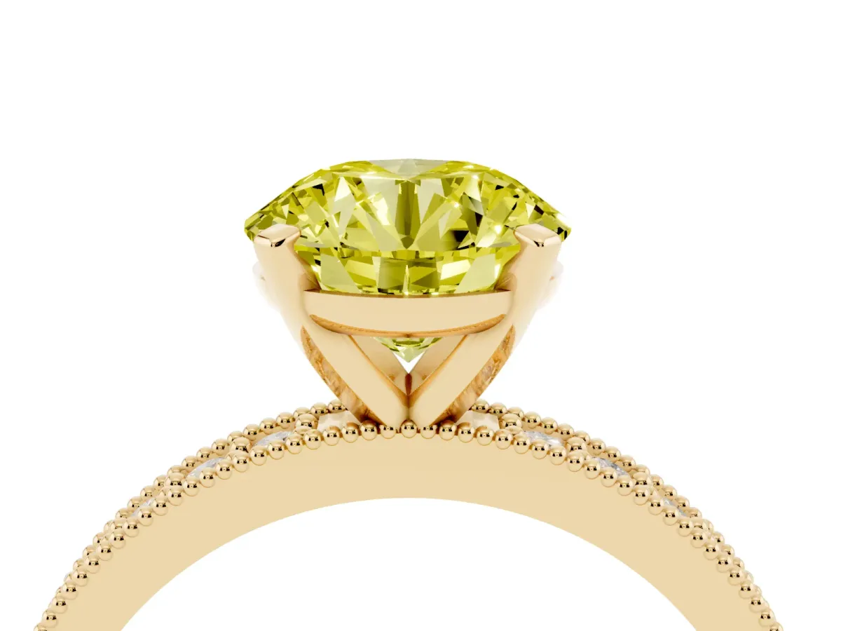 Fancy Yellow Round Cut Diamond Milgrain Pavé Engagement Ring with Four-Prong Setting Yellow gold