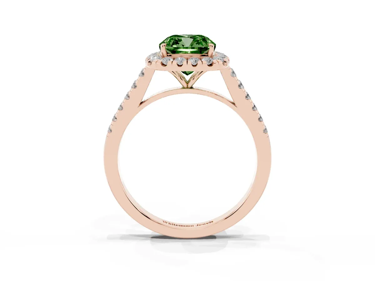 Fancy Green Cushion Cut Halo Pave Diamond Engagement Ring with Four-Prong Setting Rose gold