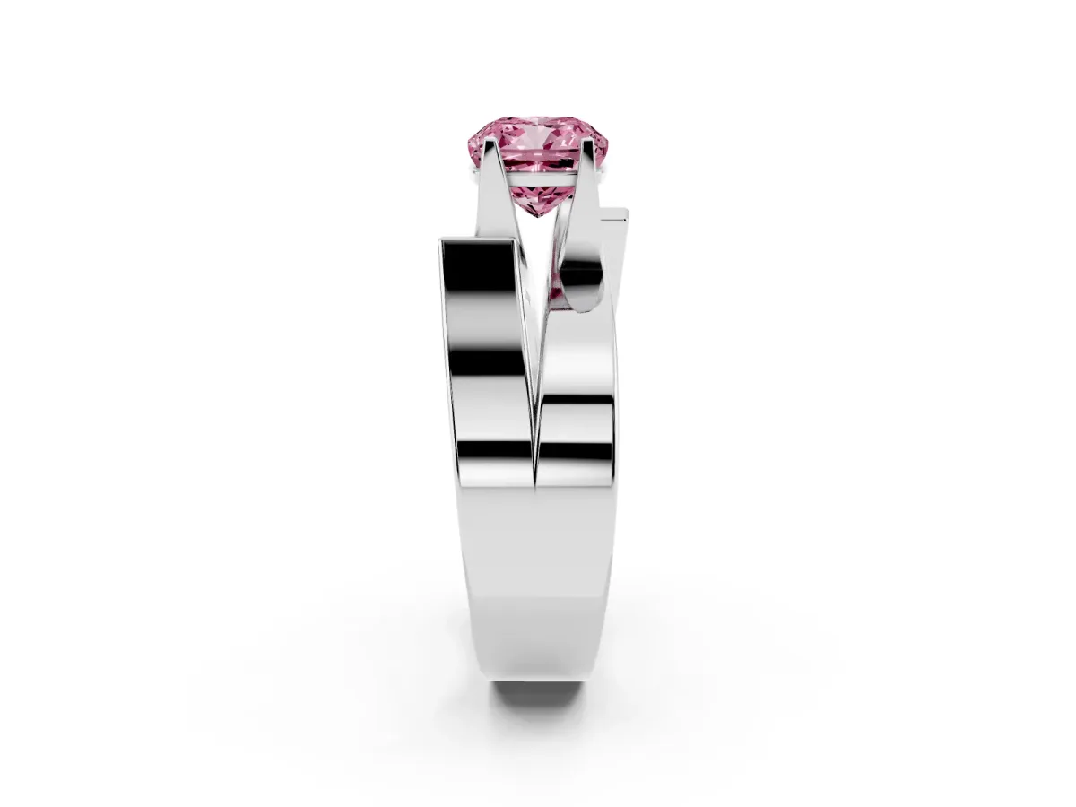 Fancy Pink Modern Tension Set Cushion Cut Diamond Solitaire Wide Band Ring Silver