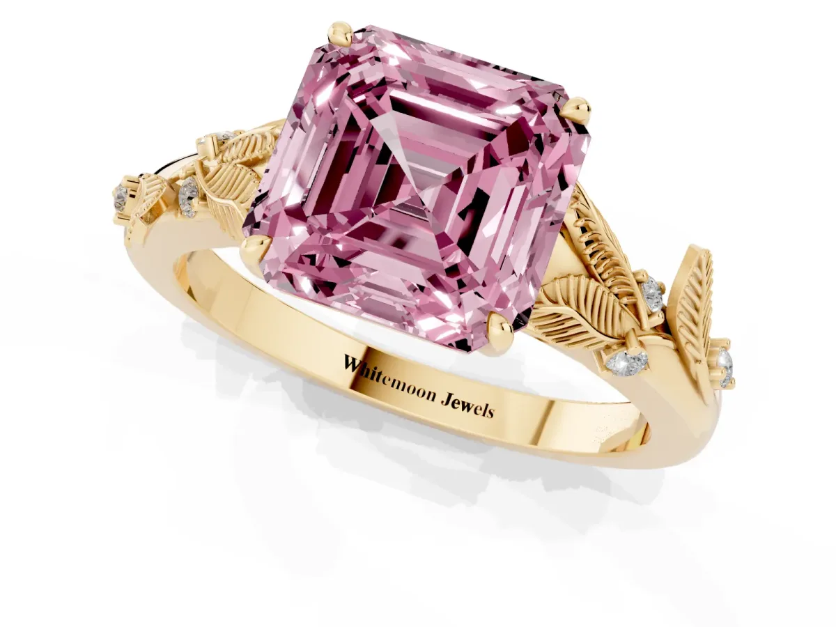 Fancy Pink Asscher Cut Diamond Solitaire Ring with Leaf Motif Band and Four-Prong Setting Yellow gold