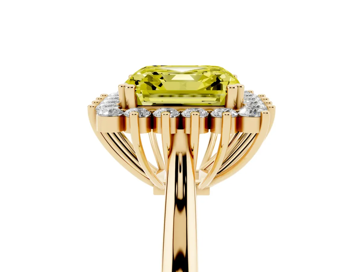 Fancy Yellow Asscher Cut Cut Diamond Halo Ring with Solitaire Band and Prong Setting Yellow gold