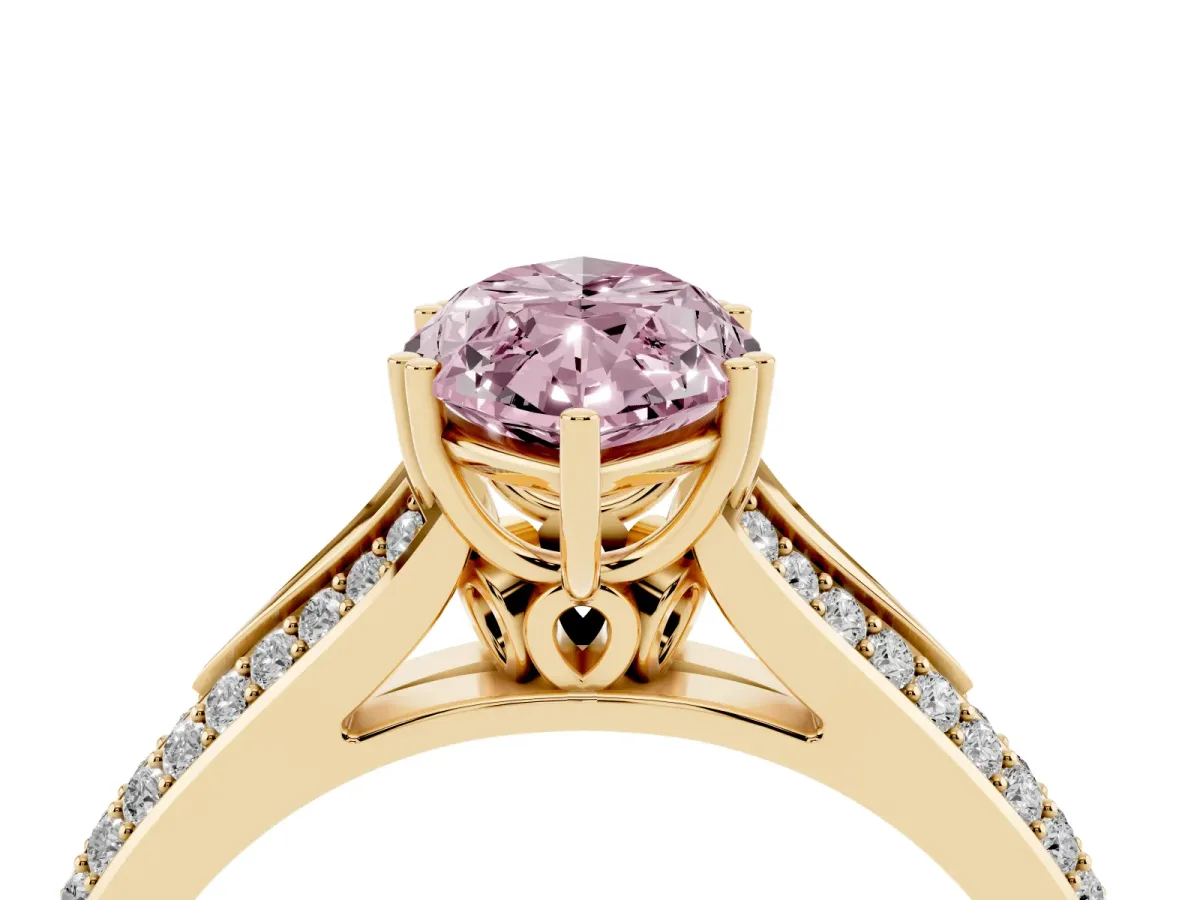 Fancy Pink Marquise Cut Diamond Split Shank Engagement Ring with Pavé Band Yellow gold