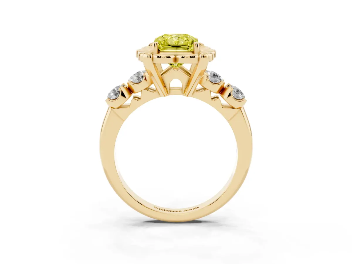 Fancy Yellow Radiant Cut Cut Diamond Floral Halo Engagement Ring with Shared Prong Setting Yellow gold