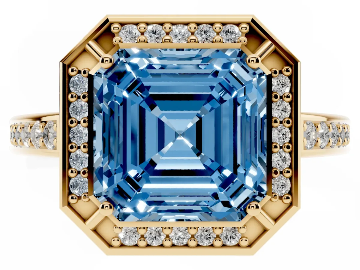 Fancy Blue Asscher Cut Cut Halo Pave Split Shank Prong Setting Ring Yellow gold