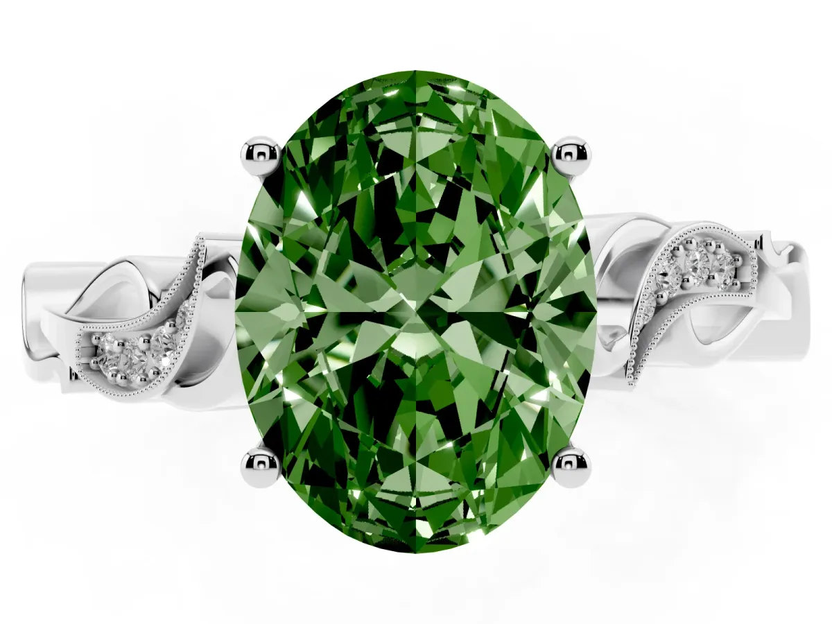 Fancy Green Oval Cut Solitaire Vine Band with Milgrain Prong Setting Silver