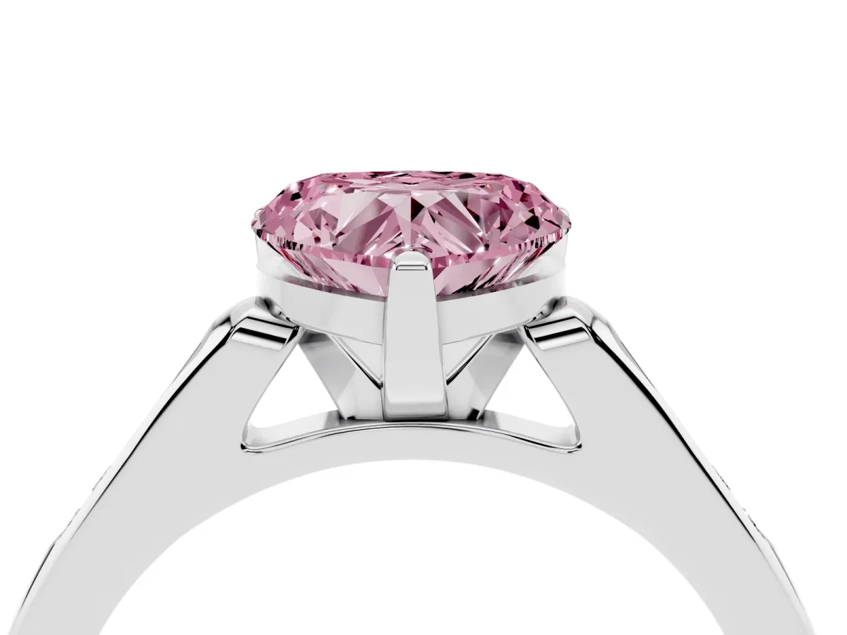 Fancy Pink Heart Cut Diamond Solitaire Ring with Channel Set Round Band and Prong Setting Silver