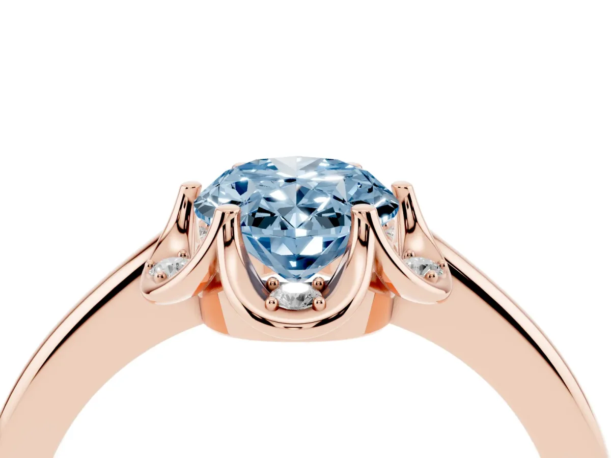 Fancy Blue Oval Cut Halo Diamond Ring with Round Cluster Setting, Solitaire Band, and Four-Prong Setting Rose gold
