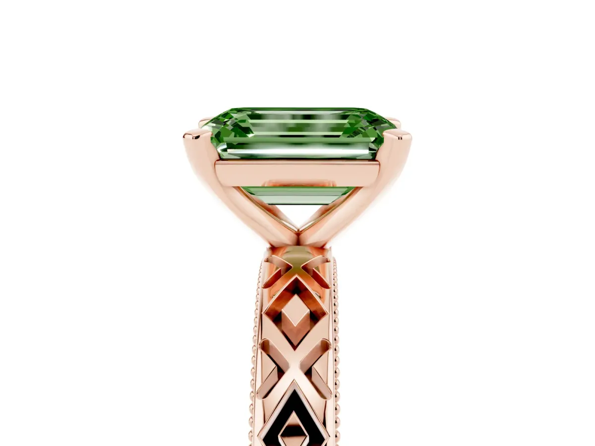 Fancy Green Emerald Cut Solitaire Diamond Ring with Milgrain and Black Enamel X Pattern Band Rose gold