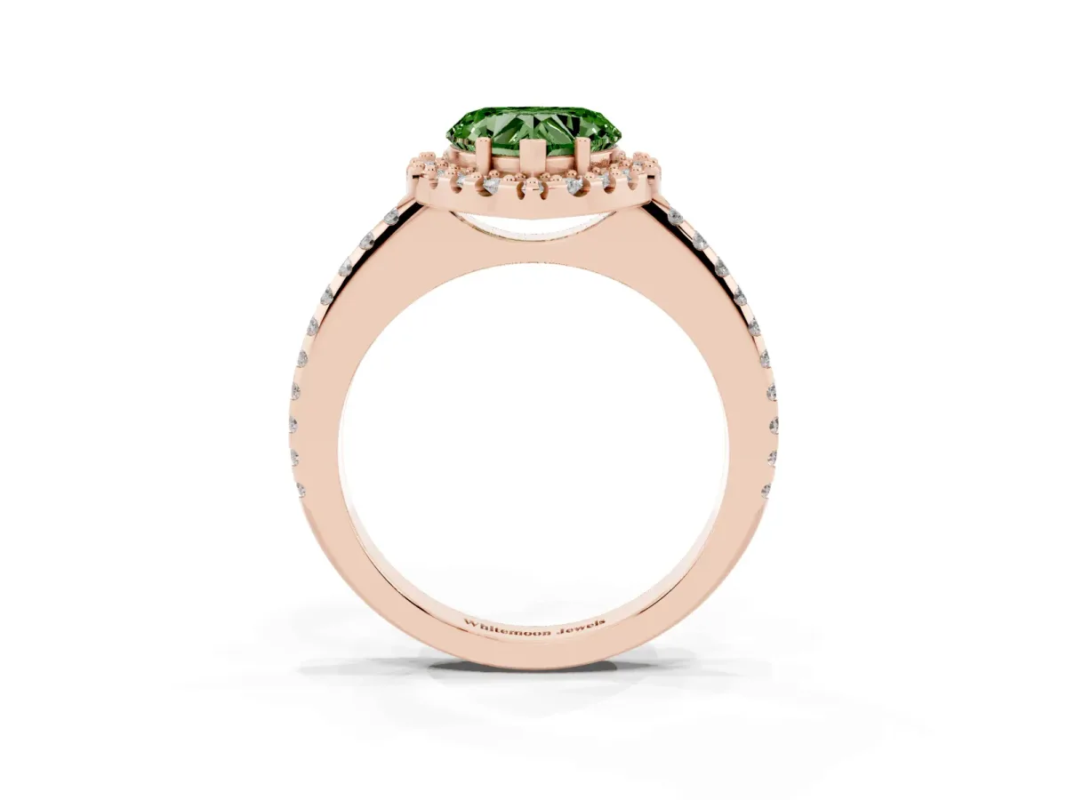 Fancy Green Heart Cut Diamond Pavé Halo Ring with Four-Prong Setting Rose gold