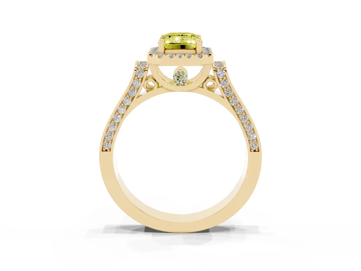 Fancy Yellow Emerald Cut Halo Pave Split Shank Prong Setting Ring Yellow gold