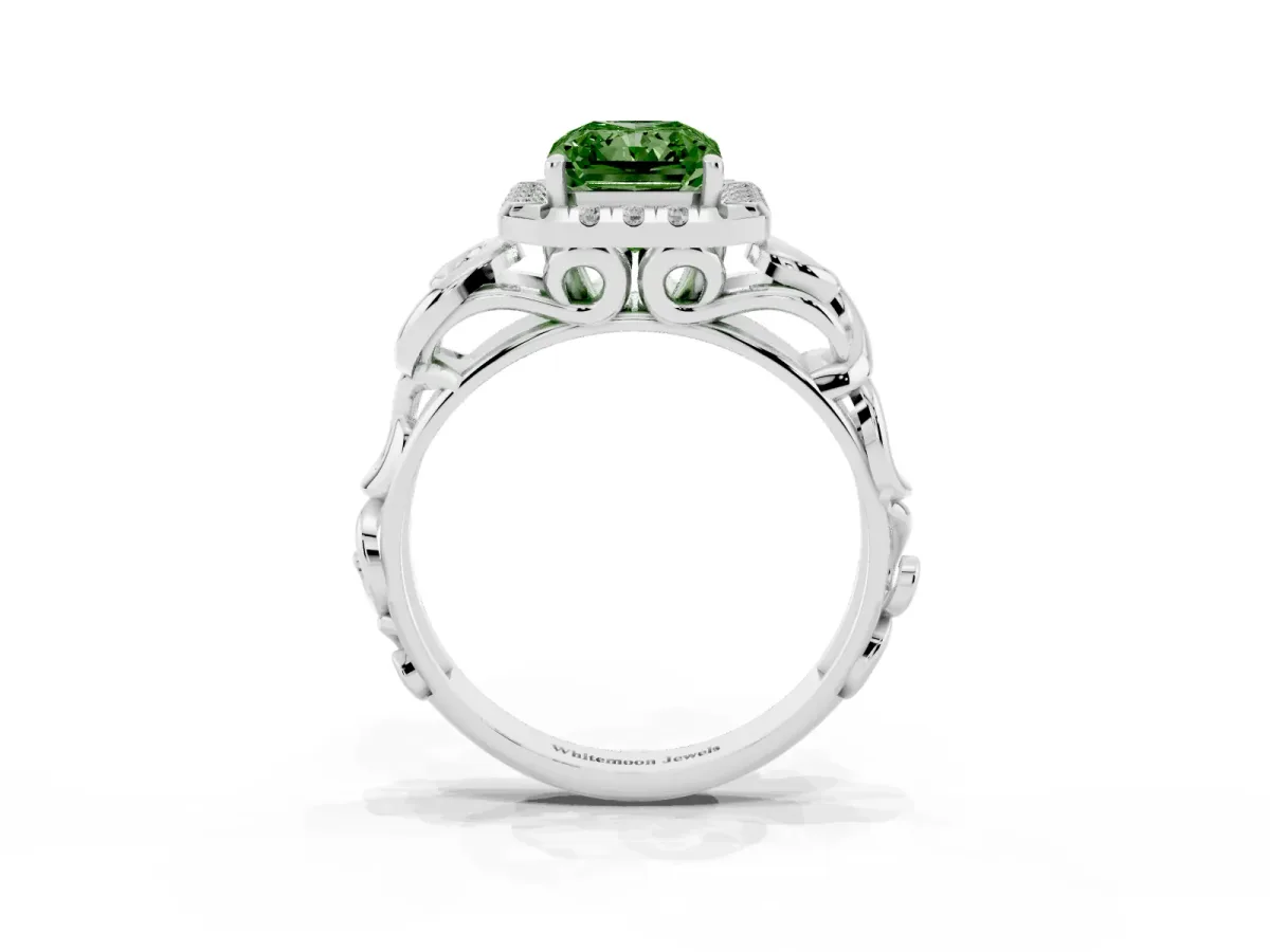 Fancy Green Radiant Cut Cut Halo Diamond Ring with Scrollwork Band and Four-Prong Setting Platinum