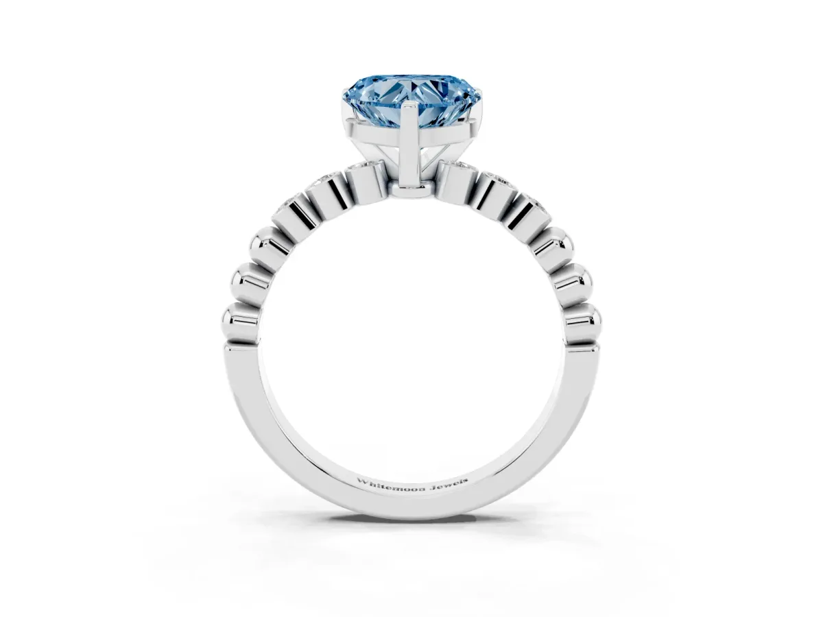 Fancy Blue Heart Cut Solitaire Bezel Accent Diamond Engagement Ring with Beaded Band and Four-Prong Setting Platinum