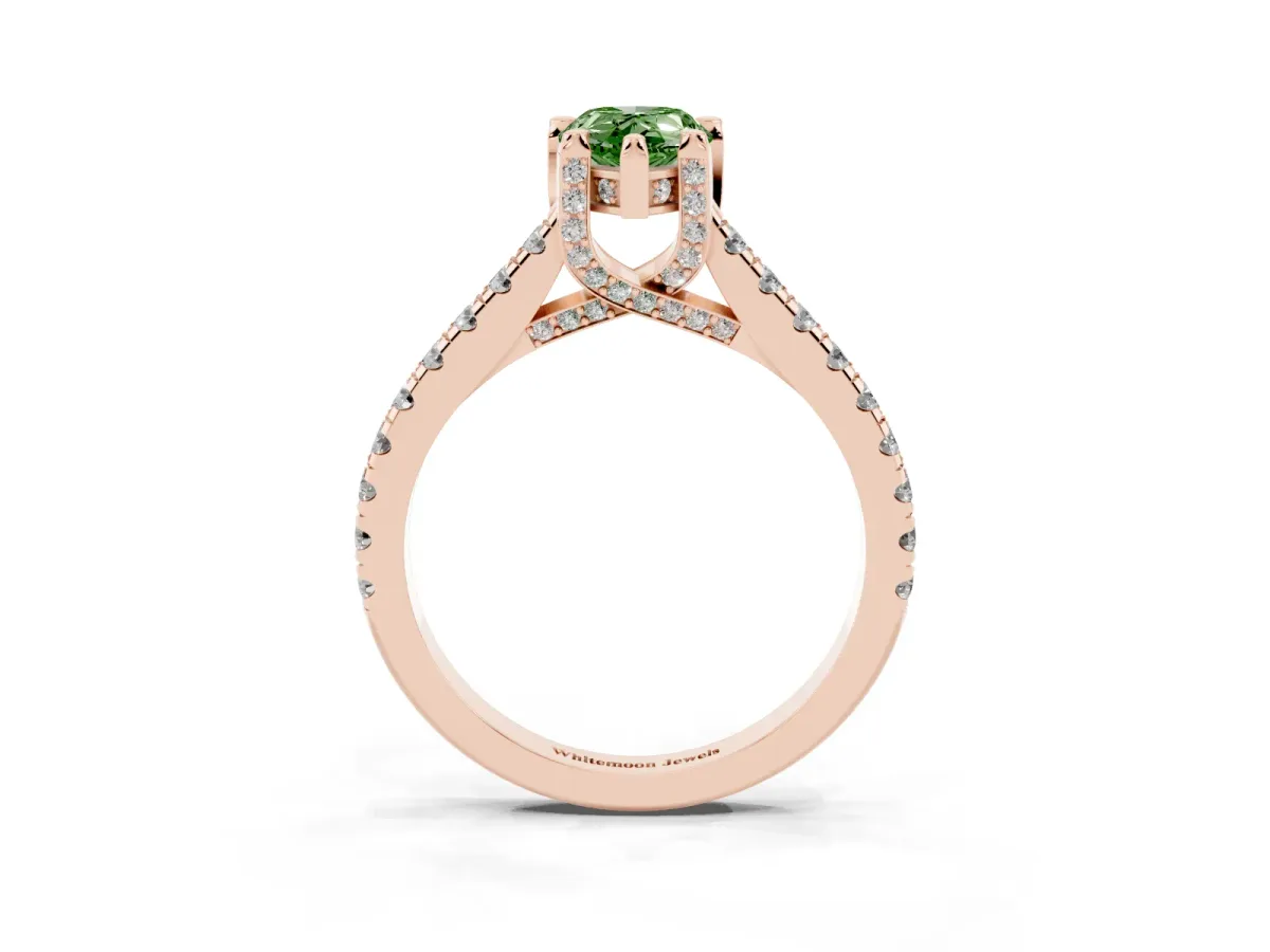 Fancy Green Pear Cut Brilliant Diamond Solitaire with Pavé Band and Four-Prong Setting Rose gold