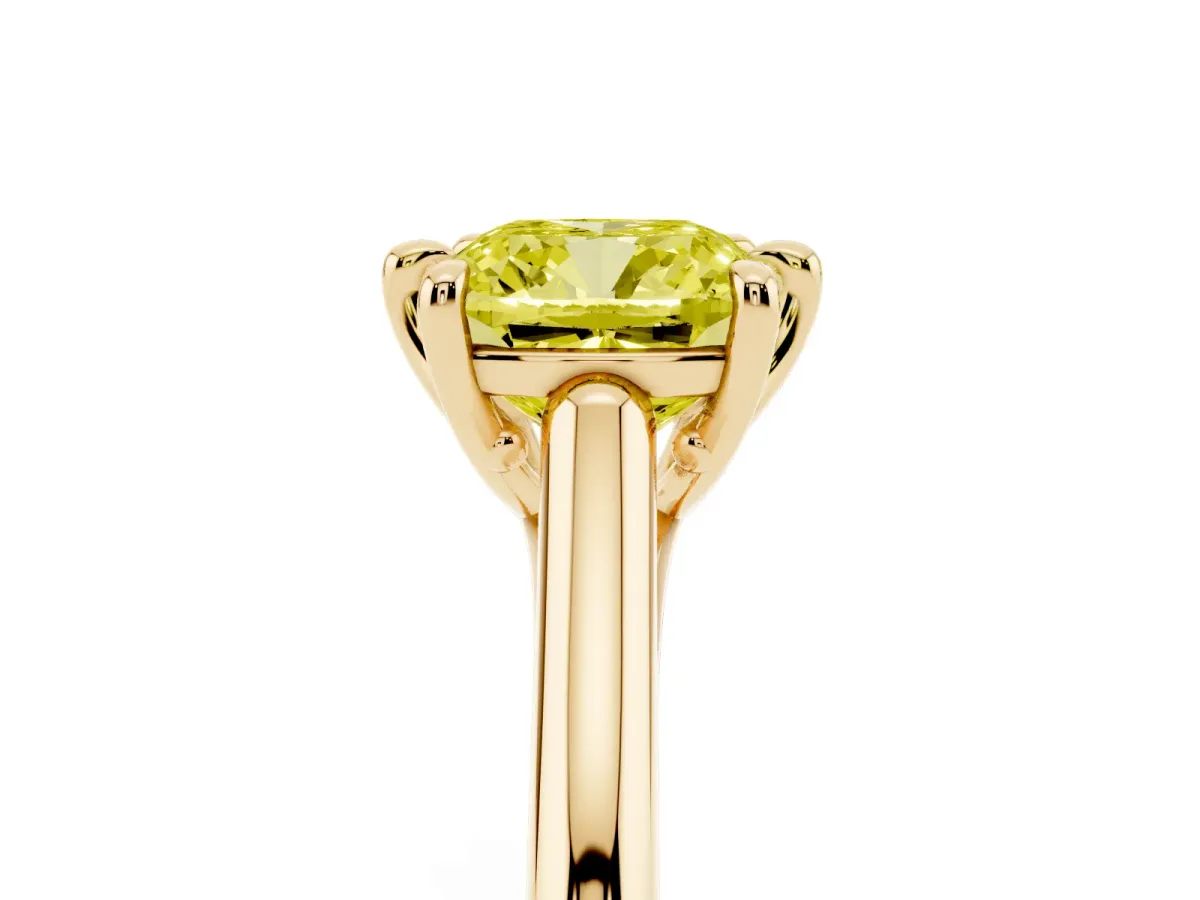 Fancy Yellow Cushion Cut Solitaire Engagement Ring with Six-Prong Setting and Classic Band Yellow gold