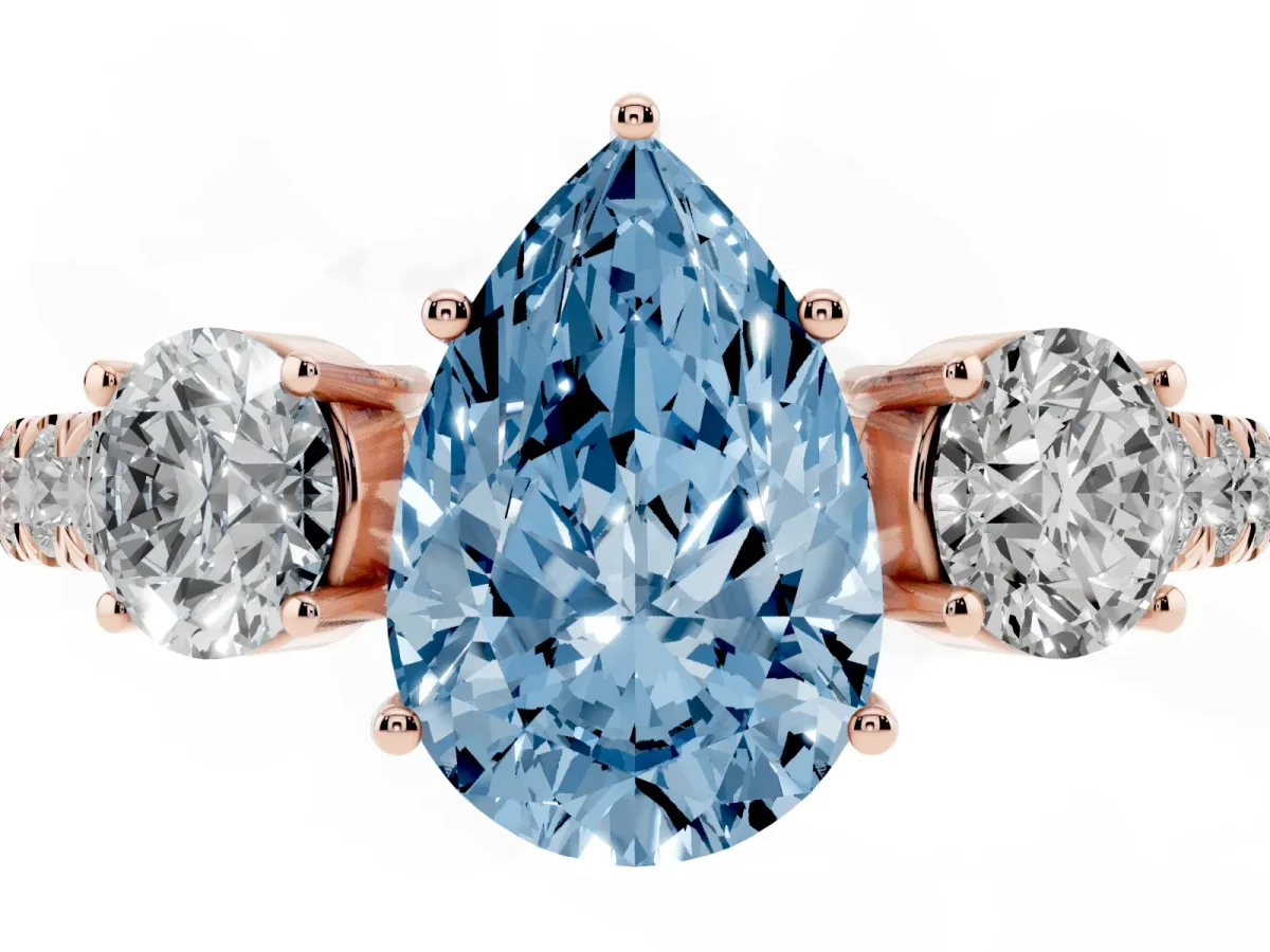 Fancy Blue Pear Cut Cut Diamond Three-Stone Ring with Round Side Stones and Pavé Band Rose gold