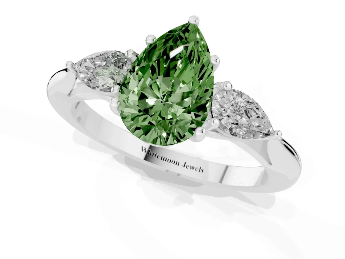 Fancy Green Three-Stone Pear Cut Diamond Ring with Pear Side Stones in Four-Prong Setting Silver