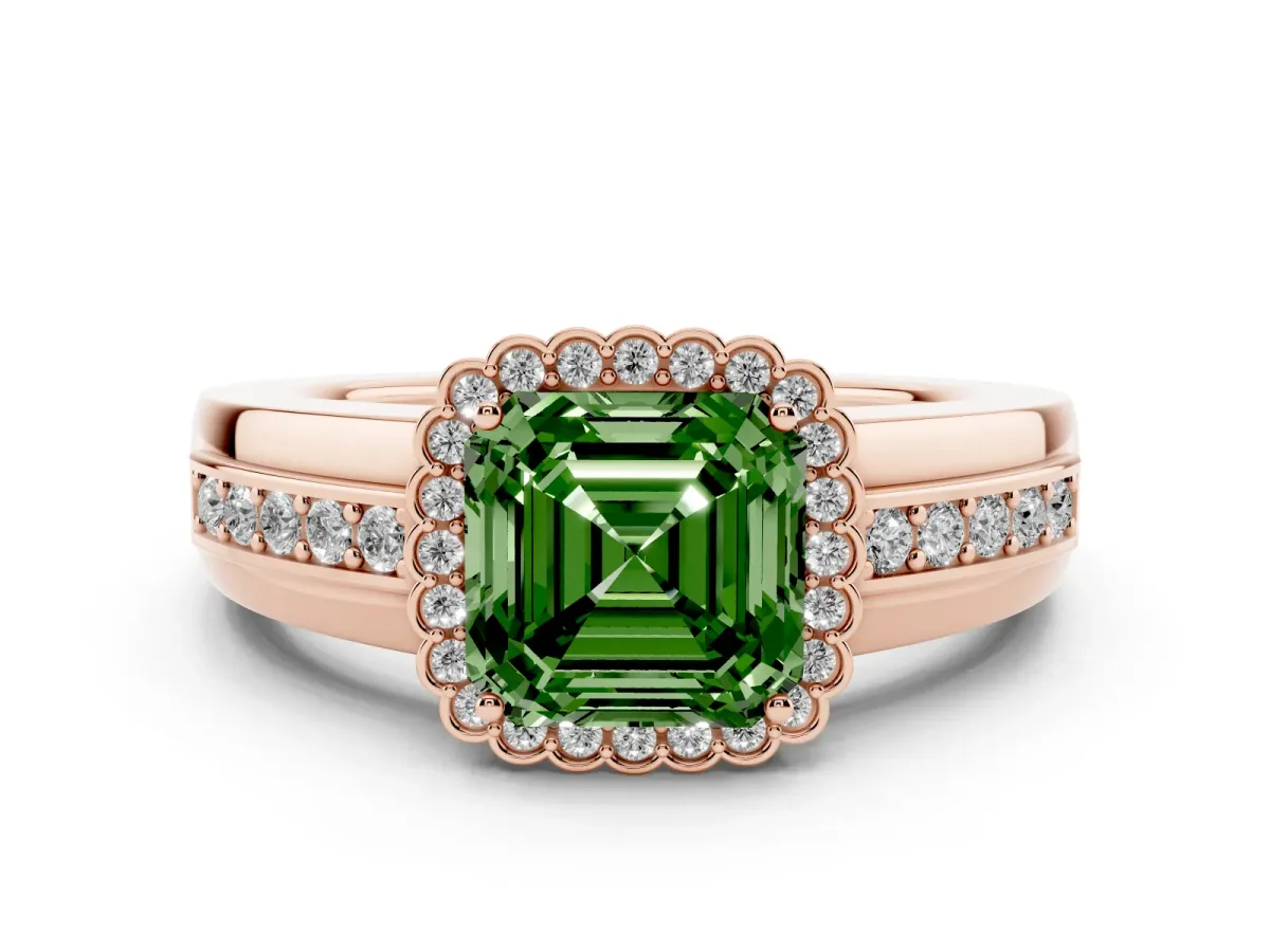 Fancy Green Asscher Cut Cut Halo Pave Band Four-Prong Ring Rose gold