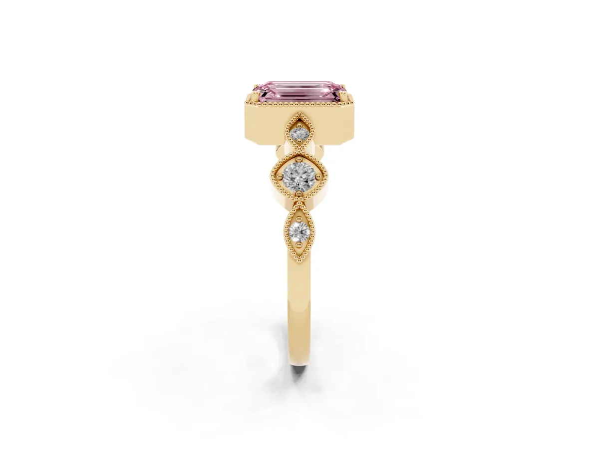 Fancy Pink Emerald Cut Diamond Vintage Milgrain Ring with Round Stations Yellow gold