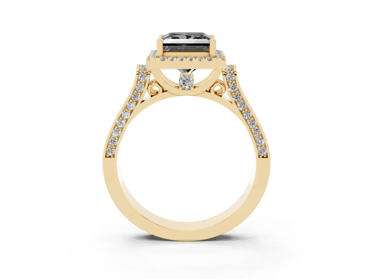 Fancy Black Princess Cut Halo Round Diamond Twist Band with Four-Prong Setting Yellow gold