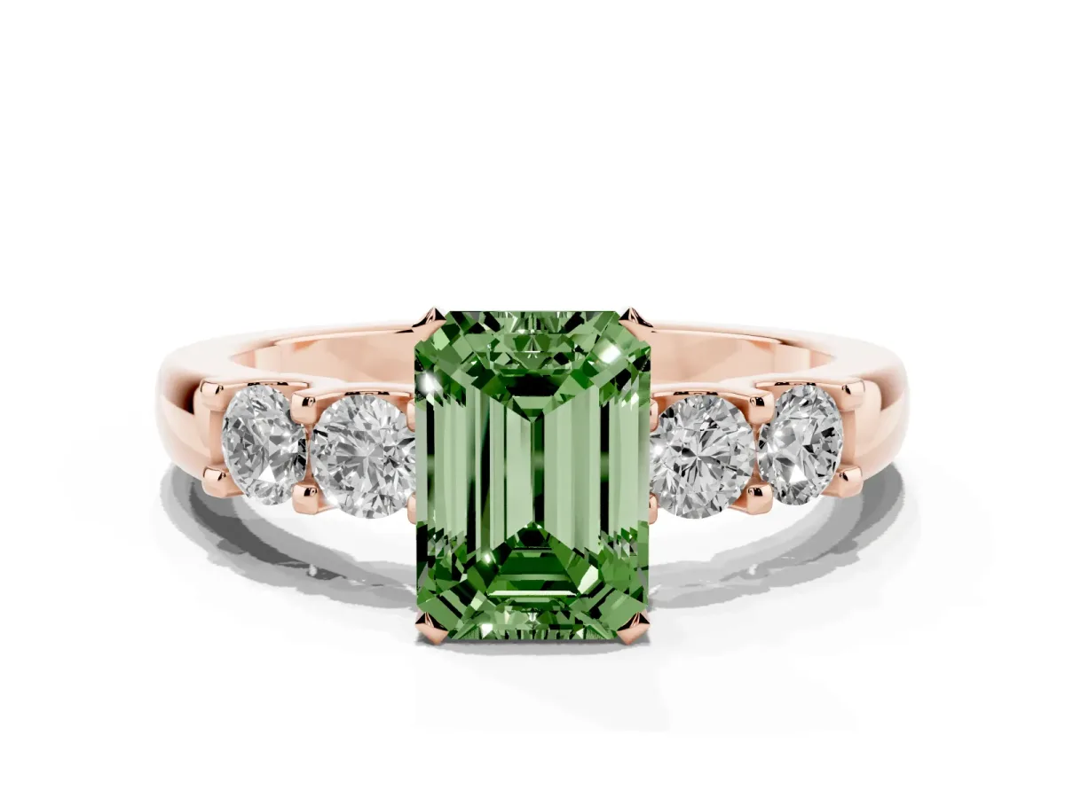 Fancy Green Emerald Cut Brilliant Cut Diamond Five-Stone Prong Set Engagement Ring with Channel Band Rose gold