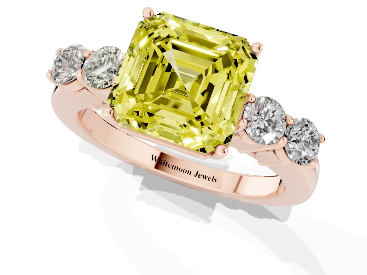 Fancy Yellow Asscher Cut Cut Diamond Five-Stone Prong Set White Gold Ring Rose gold