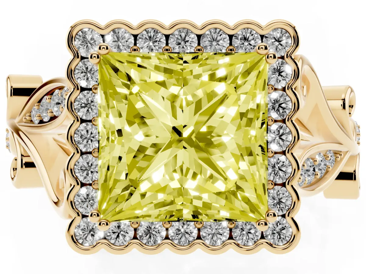 Fancy Yellow Princess Cut Diamond Halo Ring with Vintage Split Shank and Four-Prong Setting Yellow gold