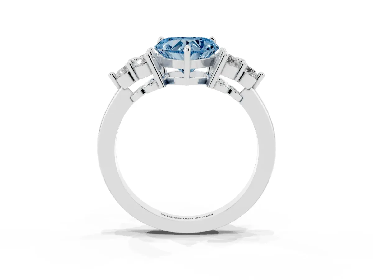 Fancy Blue Heart Cut Brilliant Diamond Cluster Accent Solitaire Ring with Prong Setting Platinum