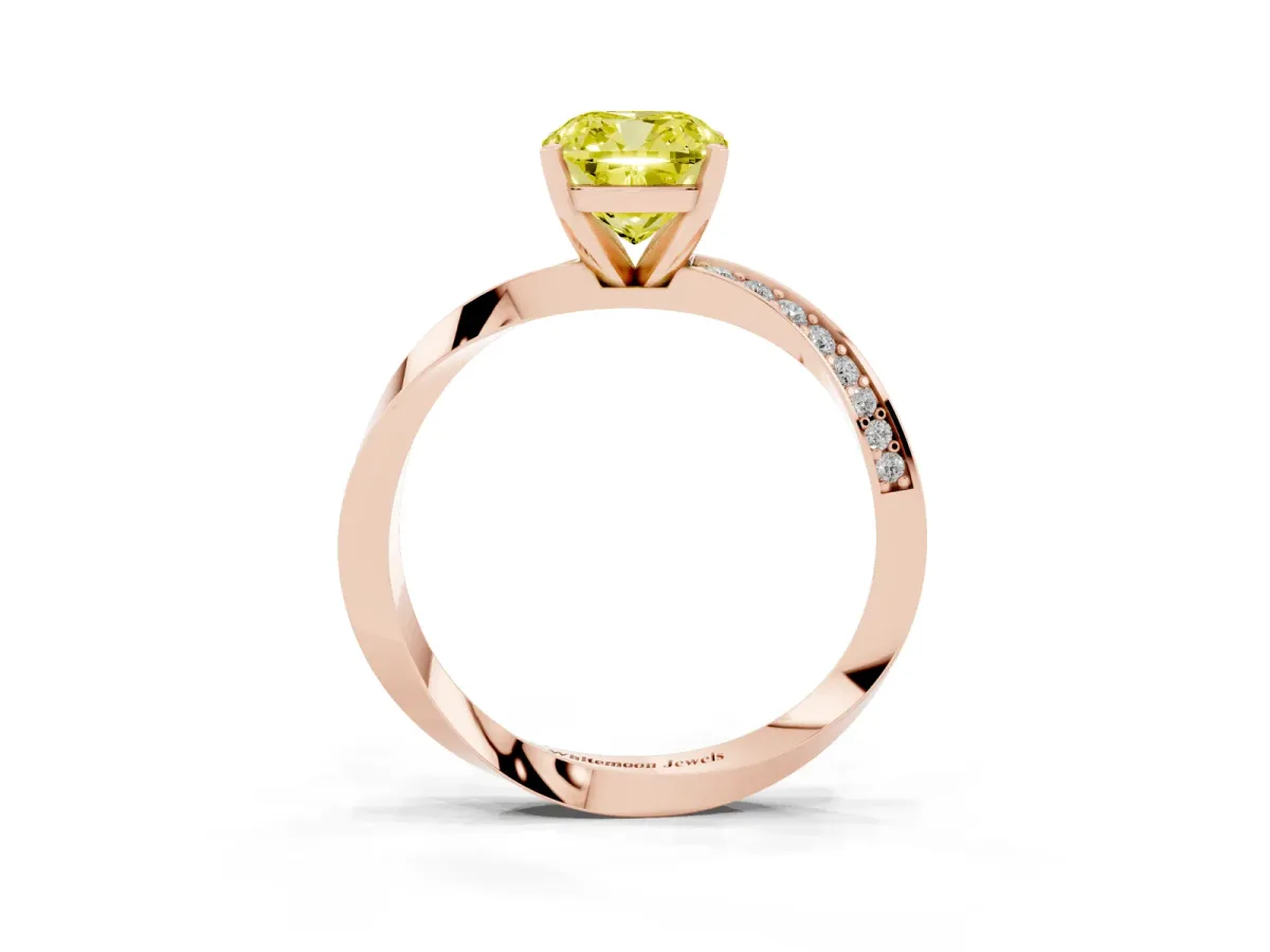 Fancy Yellow Cushion Cut Diamond Engagement Ring with Side Stone Accents and Four-Prong Setting Rose gold