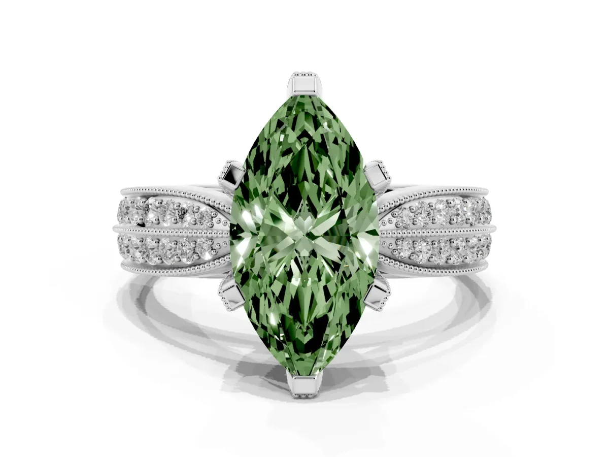 Fancy Green Marquise Cut Diamond Solitaire Ring with Milgrain Round Pavé Band and Prong Setting Platinum